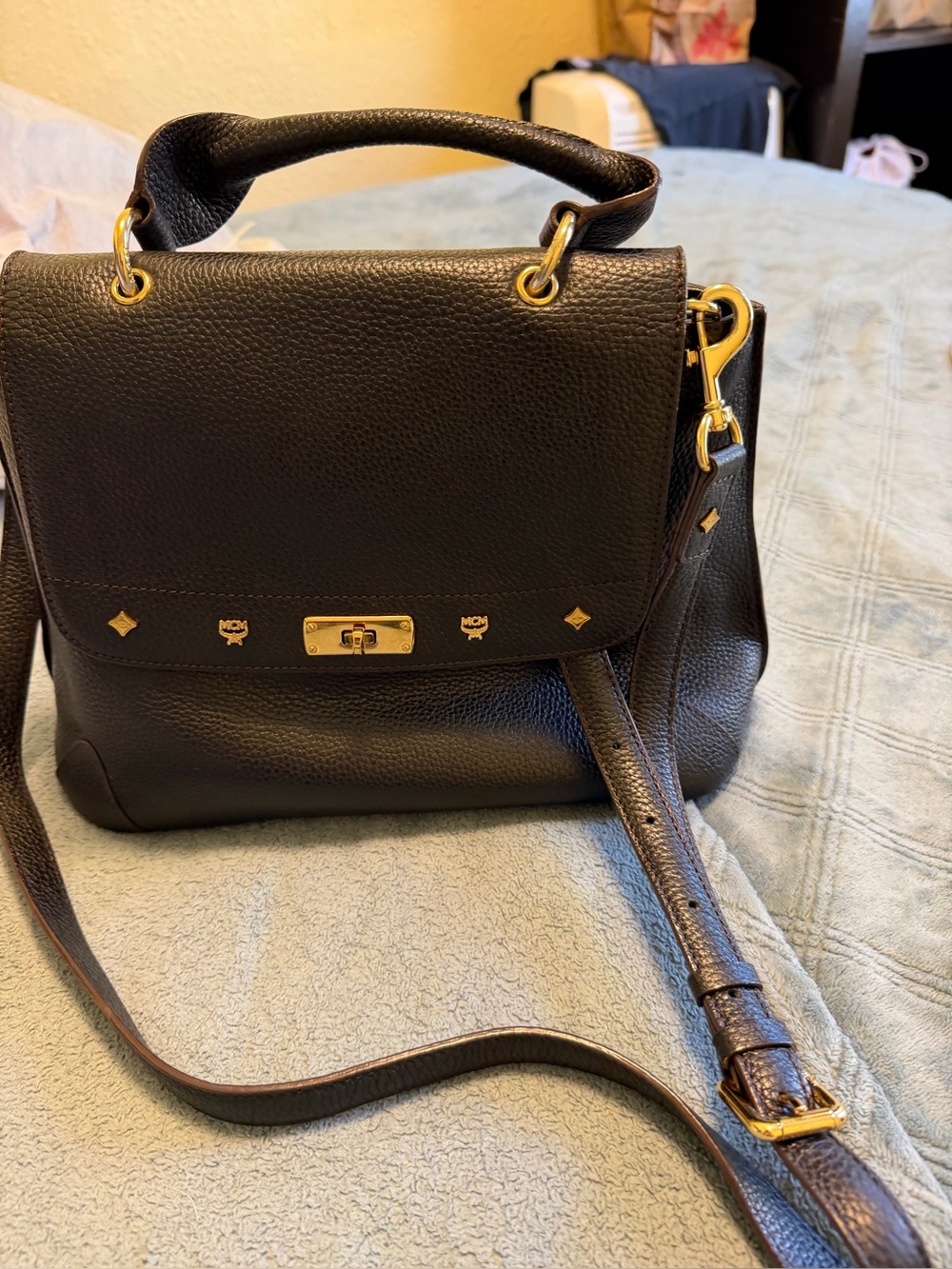 MCM Black Pebbled Leather Top-Handle Satchel with Gold Hardware
